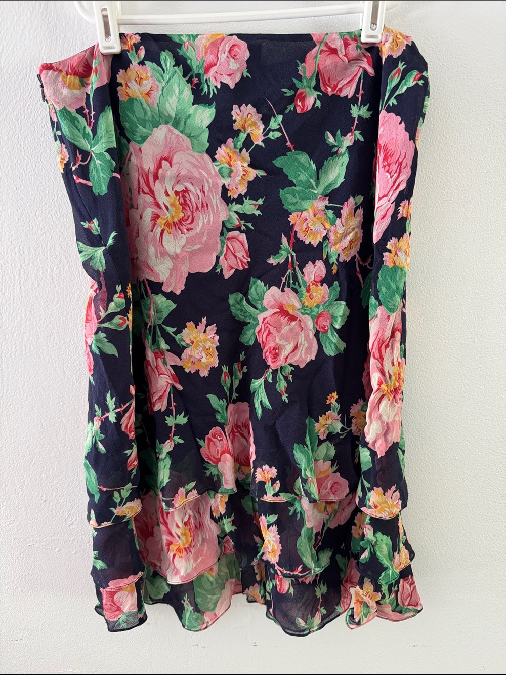Lauren Ralph Lauren Silk Navy Floral Tiered Skirt with Pink Rose Print Sz 6 - Picture 4 of 5